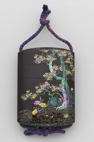 Four-case inro with design of cockerel, hen and cherry-tree