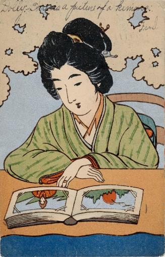 Woman Viewing Postcards in an Album