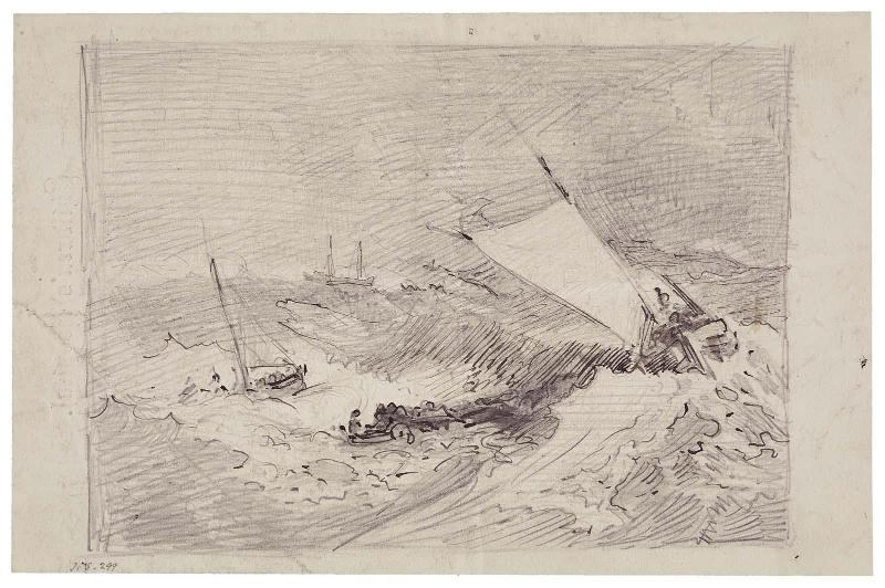 Sketch of boats in a stormy sea