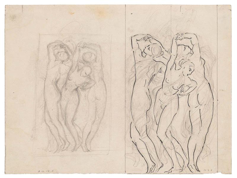 Double-sided Drawing for MFA Rotunda Murals: a. (Recto) Sketch for the Dancing Figures, b. (Verso) Sketch of an Arch