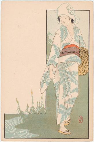 Woman in Summer Kimono Holding Basket