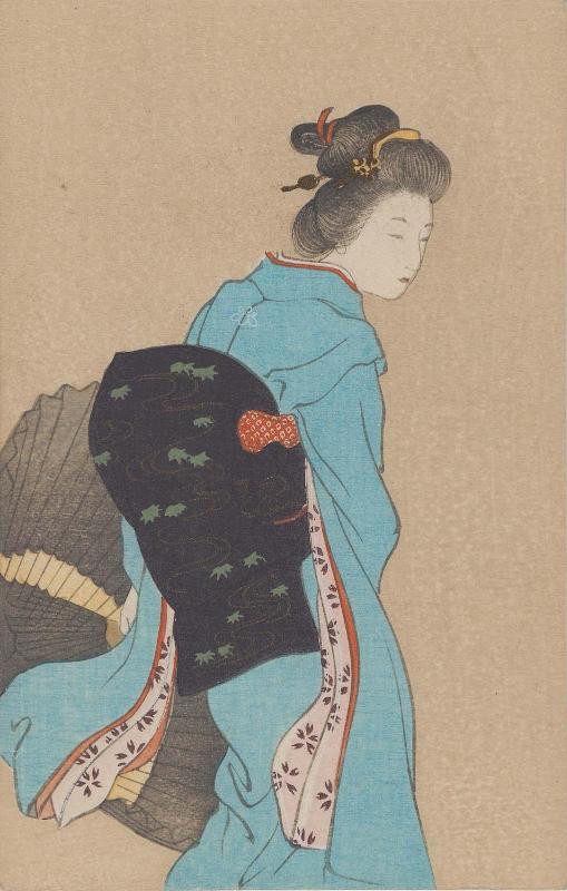 Woman in Blue Kimono with Umbrella (from an unidentified series)