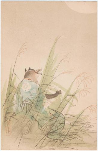 Tanuki Playing the Belly-drum under a Full Moon