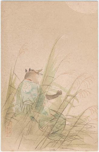 Tanuki Playing the Belly-drum under a Full Moon