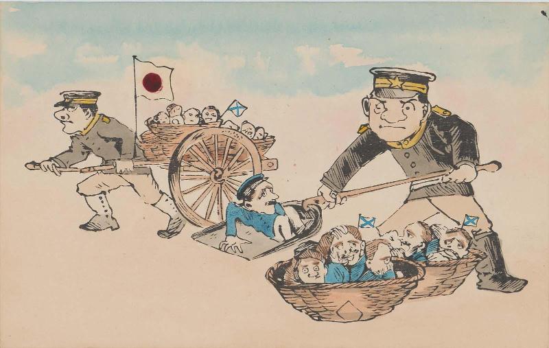 Japanese Soldiers Carrying Russian Soldiers in a Basket