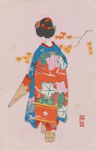 View of Maiko from the Back with Maple Leaf Motif Sash (from an unidentified series)