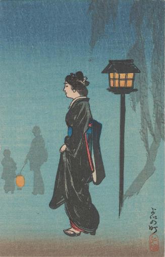 Geisha Passing by a Lamppost