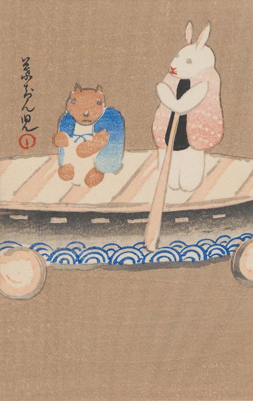 Rabbit and Tanuki Riding on a Boat
