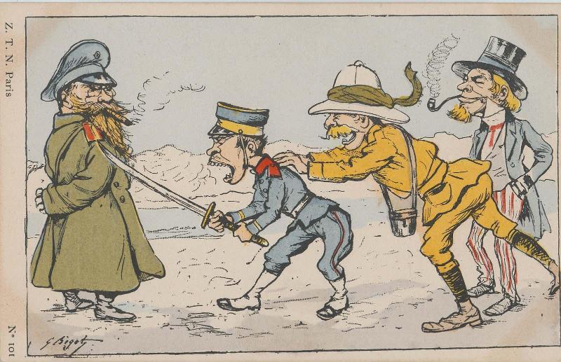 Japanese Soldier Trying to Fight with Russian Soldier Urged by the American and English, No.101 (from an unidentified series)