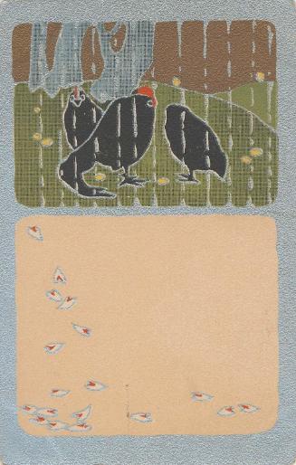 Black Rooster and Hens with Scattered Cherry Blossoms