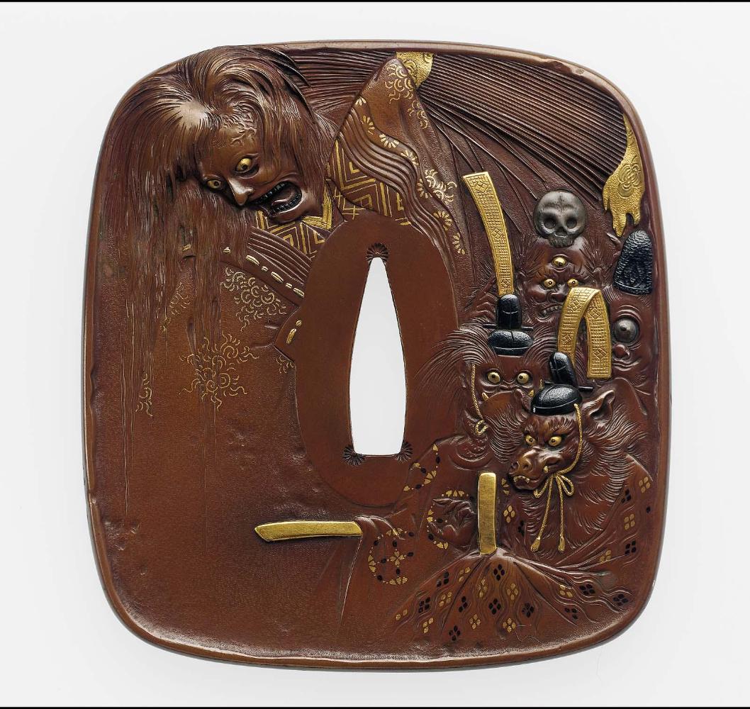 Tsuba with design of a female ghost and animal-headed demons