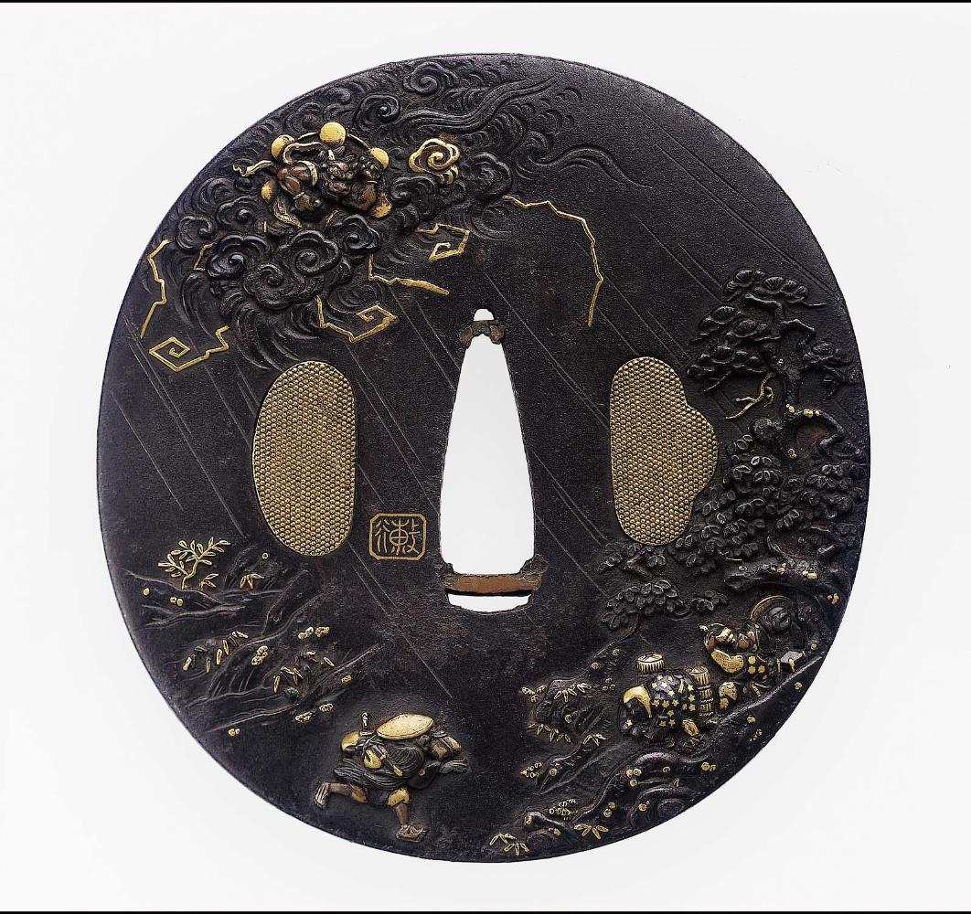 Tsuba with design of figures caught in a thunderstorm