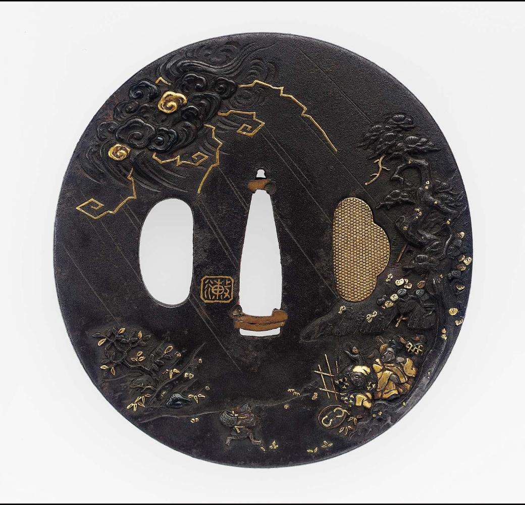 Tsuba with design of figures caught in a thunderstorm