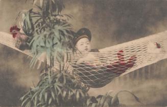 Boy on Hammock with Roosters