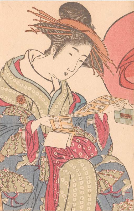 Reproduction of detail from one page of the album Yoshiwara keisei shin bijin awase jihitsu kagami (New Beauties of the Yoshiwara in the Mirror of their Own Script)