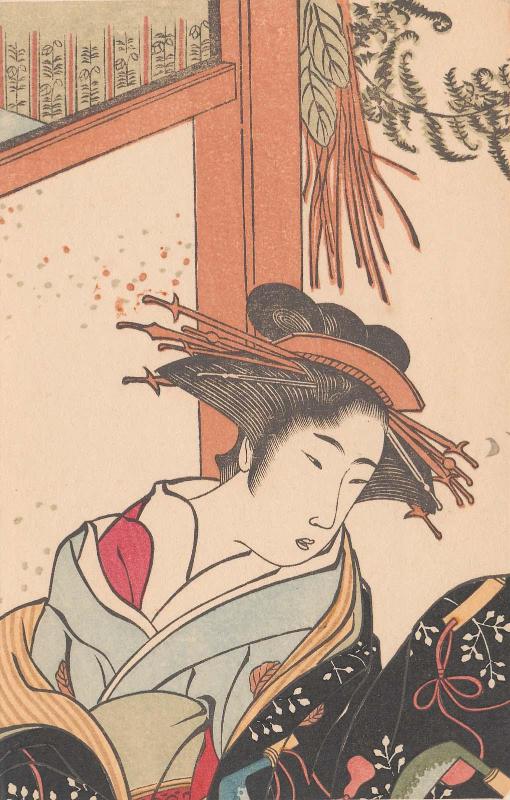 Reproduction of detail from one page of the album Yoshiwara keisei shin bijin awase jihitsu kagami (New Beauties of the Yoshiwara in the Mirror of their Own Script)