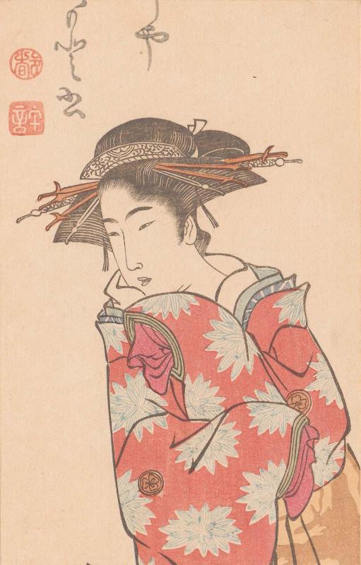 Reproduction of detail from one page of the album Yoshiwara keisei shin bijin awase jihitsu kagami (New Beauties of the Yoshiwara in the Mirror of their Own Script)