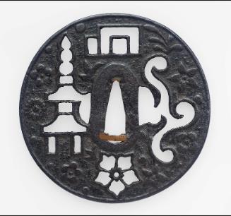 Tsuba with design of sotoba, Genji-mon, flowers and cloud