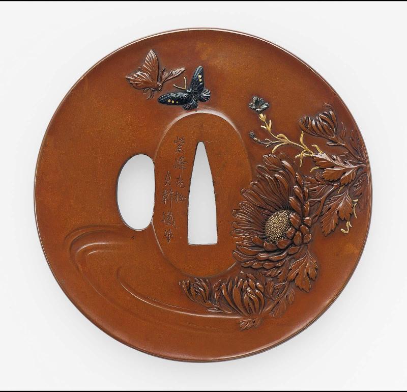 Tsuba with design of chrysanthemums and butterflies