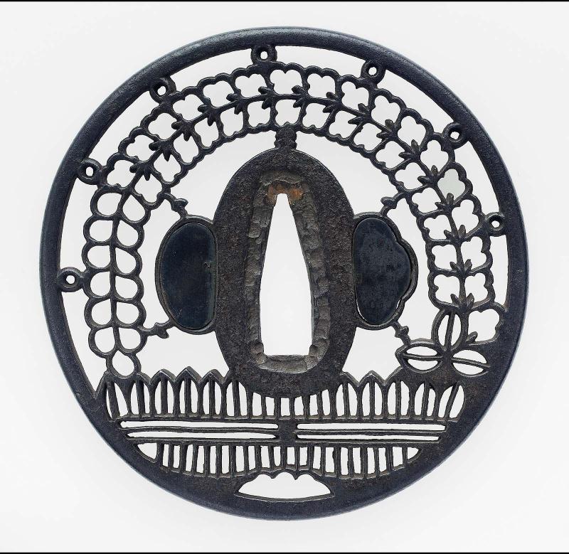 Tsuba with design of wisteria and fence