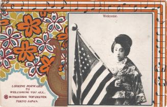 Advertisement for the Mitsukoshi Kimono Store (Mitsukoshi gofukuten): Woman Holding An American Flag