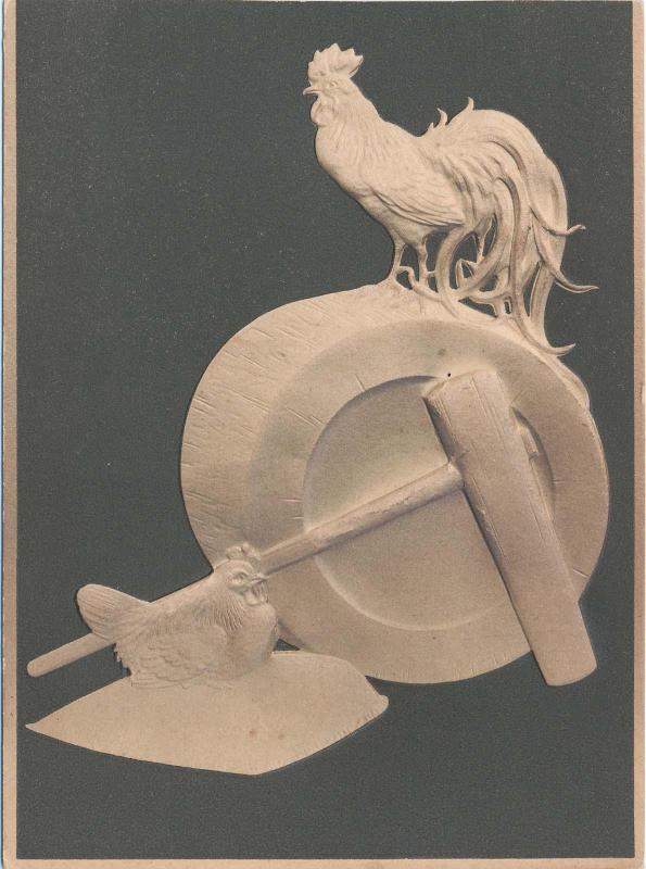 New Year's Card: Cock and Hen with Pounder and Mortar