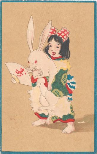 New Year's Card: Young Girl Holding a Rabbit