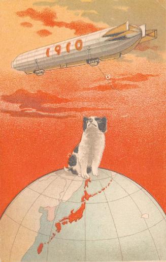 New Year's Card: Dog on Globe Looking Up at Airship