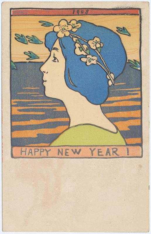 New Year's Card:  Woman with Wreath of Cherry Blossoms for Jintan