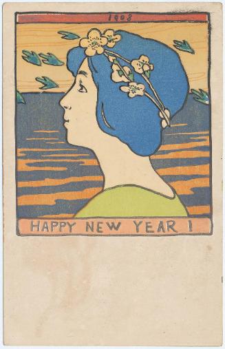 New Year's Card:  Woman with Wreath of Cherry Blossoms for Jintan