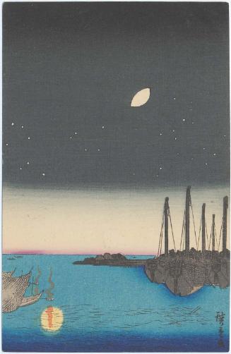 Gibbous Moon over Harbor, loosely based on: Tsukudajima from Eitai Bridge (Eitaibashi Tsukudajima), from the series One Hundred Famous Views of Edo (Meisho Edo hyakkei)