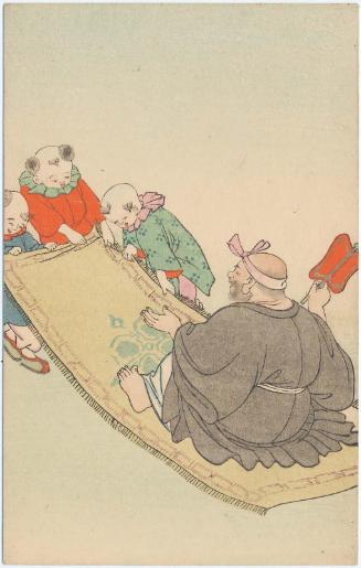 Hotei Riding on a Rug Pulled by Chinese Children, from an unidentified series of the Seven Gods of Good Fortune