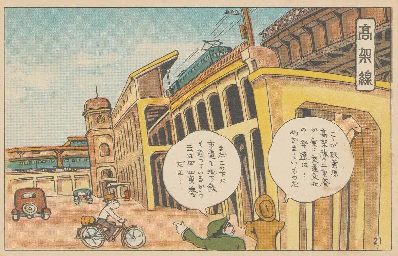 The Elevated Line (Kôkasen), No. 21 from the series Humorous Postcards: A Modern Yaji and Kita Sightseeing in Tokyo, a Set of 32 Cards (Kokkei manga, Modan Yaji Kita, Tôkyô kenbutsu, Sanjûnimai ichikumi)