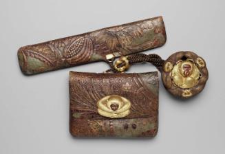 Tobacco-pouch and pipecase with embossed designs; kagami netsuke,  kanamono and ojime in the form of the three sacred monkeys: iwazaru, mizaru and kikazaru