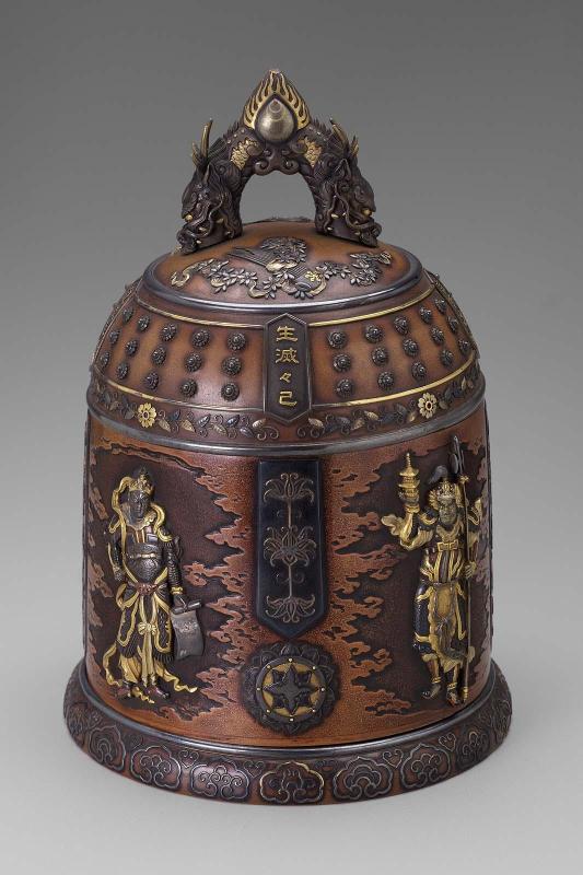 Lidded ornament in the form of a temple bell with design of Shitenno (Four Guardian Kings)