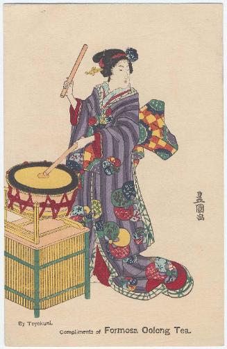 Compliments of Formosa Oolong Tea: Woman Beating a Drum, loosely based on Poem by Udaishô Michitsuna's Mother, No. 53, from the series A Pictorial Commentary on One Hundred Poems by One Hundred Poets (Hyakunin isshu eshô)