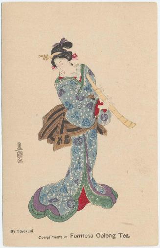 Compliments of Formosa Oolong Tea: Woman Playing a Shakuhachi, loosely based on Poem by  Bun'ya Asayasu, No. 37, from the series A Pictorial Commentary on One Hundred Poems by One Hundred Poets (Hyakunin isshu eshô)