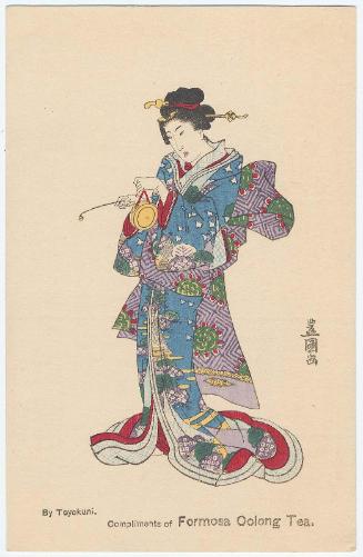 Compliments of Formosa Oolong Tea: Woman Ringing a Small Gong, loosely based on Poem by ..., No. ... from the series A Pictorial Commentary on One Hundred Poems by One Hundred Poets (Hyakunin isshu eshô)