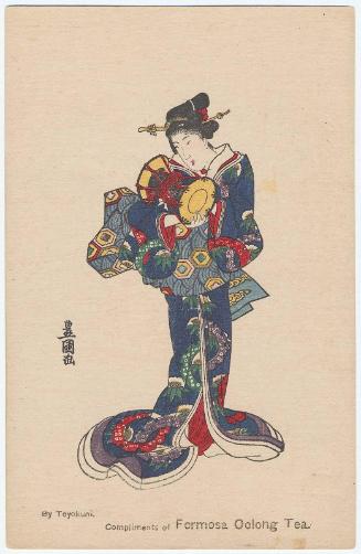 Compliments of Formosa Oolong Tea: Woman Playing Hand Drum, loosely based on Poem by Fujiwara no Michinobu Ason, No. 52, from the series A Pictorial Commentary on One Hundred Poems by One Hundred Poets (Hyakunin isshu eshô)
