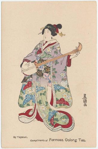 Compliments of Formosa Oolong Tea: Woman Playing a Shamisen, loosely based on Poem by ..., No. ... from the series A Pictorial Commentary on One Hundred Poems by One Hundred Poets (Hyakunin isshu eshô)