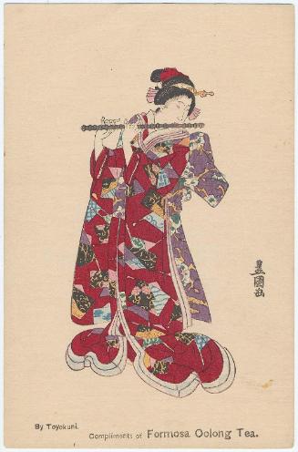 Compliments of Formosa Oolong Tea: Woman Playing a Flute, loosely based on: Poem by Fujiwara no Yoshitaka, No. 50, from the series A Pictorial Commentary on One Hundred Poems by One Hundred Poets (Hyakunin isshu eshô)