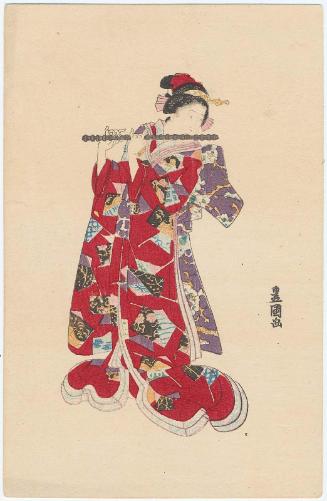 Woman Playing a Flute, loosely based on: Poem by Fujiwara no Yoshitaka, No. 50, from the series A Pictorial Commentary on One Hundred Poems by One Hundred Poets (Hyakunin isshu eshô)