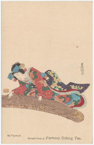 Compliments of Formosa Oolong Tea: Young Woman Playing a Koto, loosely based on Poem by ..., No. ... from the series A Pictorial Commentary on One Hundred Poems by One Hundred Poets (Hyakunin isshu eshô)