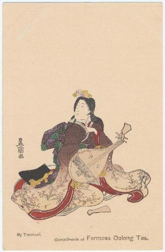 Compliments of Formosa Oolong Tea: Woman Playing a Biwa, loosely based on Poem by ..., No. 56 from the series A Pictorial Commentary on One Hundred Poems by One Hundred Poets (Hyakunin isshu eshô)