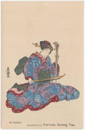 Compliments of Formosa Oolong Tea: Woman Playing a Kokyû, loosely based on Poem by ..., No. ... from the series A Pictorial Commentary on One Hundred Poems by One Hundred Poets (Hyakunin isshu eshô)