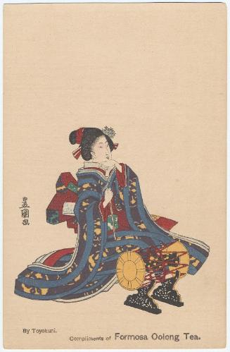 Compliments of Formosa Oolong Tea: Woman with a Large Hand Drum, loosely based on Poem by ..., No. ... from the series A Pictorial Commentary on One Hundred Poems by One Hundred Poets (Hyakunin isshu eshô)
