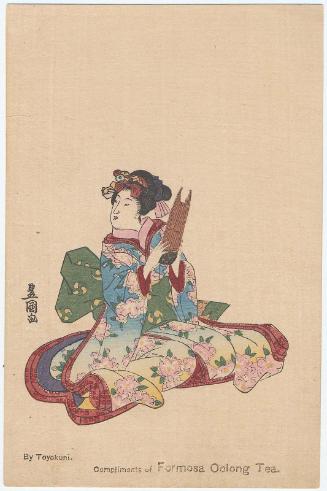 Compliments of Formosa Oolong Tea: Woman Holding a Shô, loosely based on Poem by ..., No. ... from the series A Pictorial Commentary on One Hundred Poems by One Hundred Poets (Hyakunin isshu eshô)
