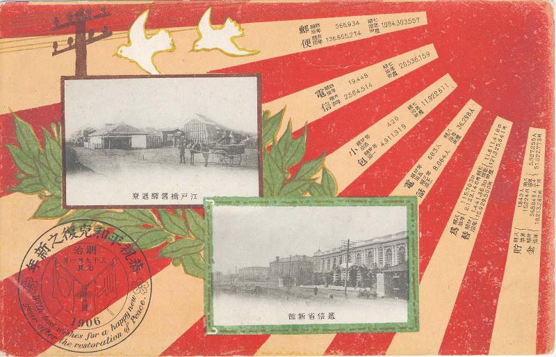 New Year's Card: Old Edobashi Communication Office and New Building of Ministry of Communication