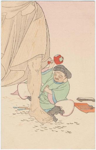 Daikoku Using His Mallet to Carve a Buddhist Guardian Figure, from an unidentified series of the Seven Gods of Good Fortune