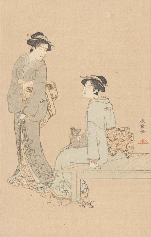 Two Women with a Cat; reproduction of an unidentified print by Shunchô